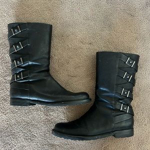 Via Spiga Dark Brown Leather Retro Criss Cross Buckle Moto Boots. Size 9.5.